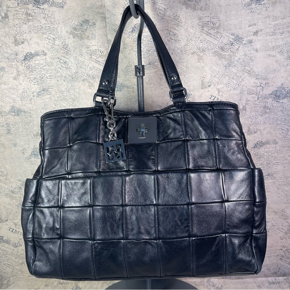 DKNY Leather Patchwork Tote Bag Black Brown Shoulder Work Purse